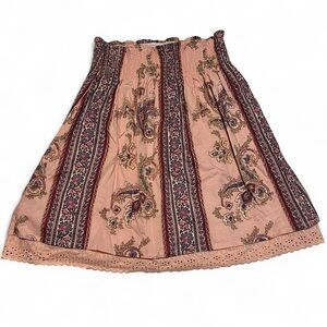 VTG y2k Charlotte Russe Boho Mini Skirt Sz 7 Pink Paisley Smocked Waist Lace Hem